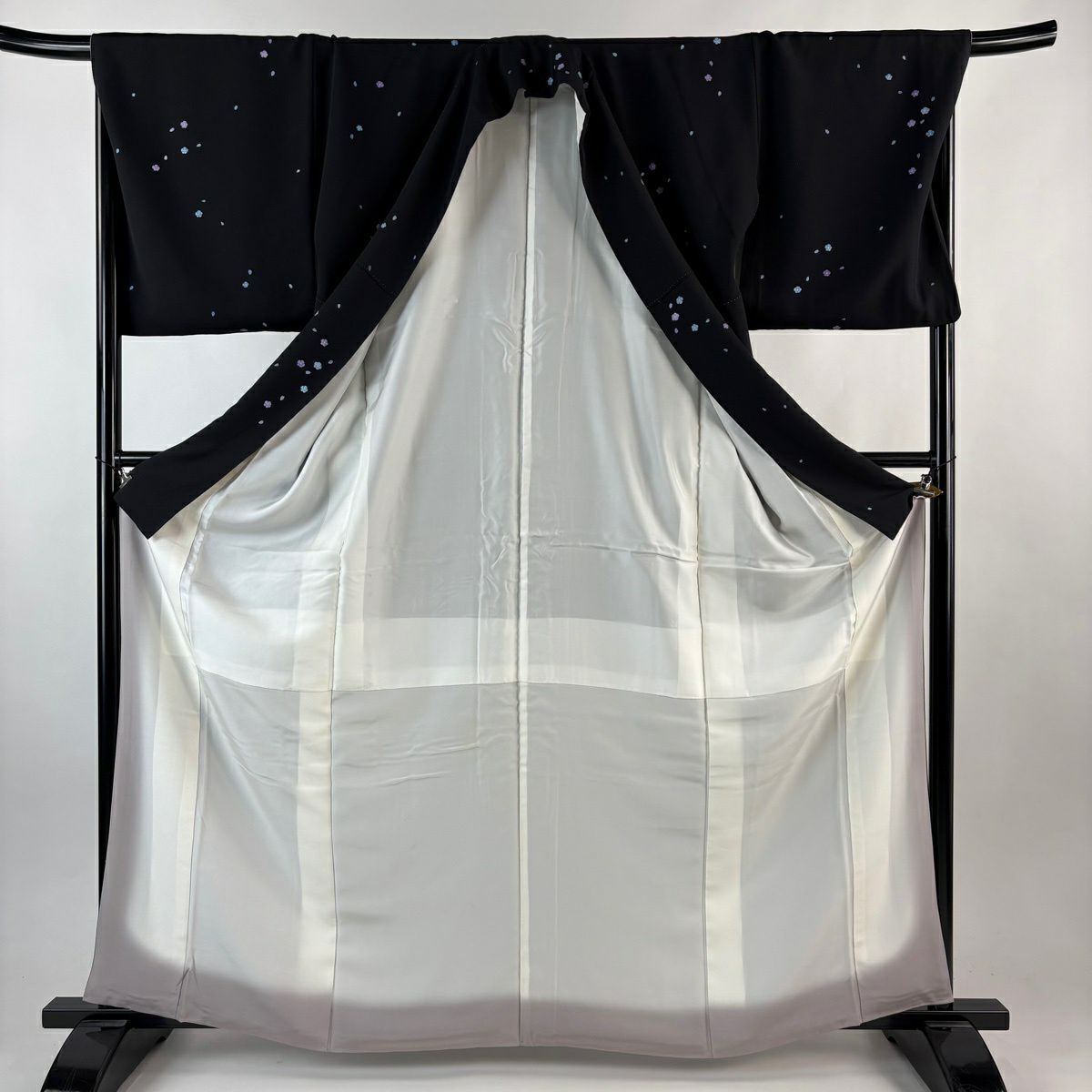 小紋 身長165cm 袖長69cm L 雙層 花 花瓣 黑 純蠶絲 逸品級