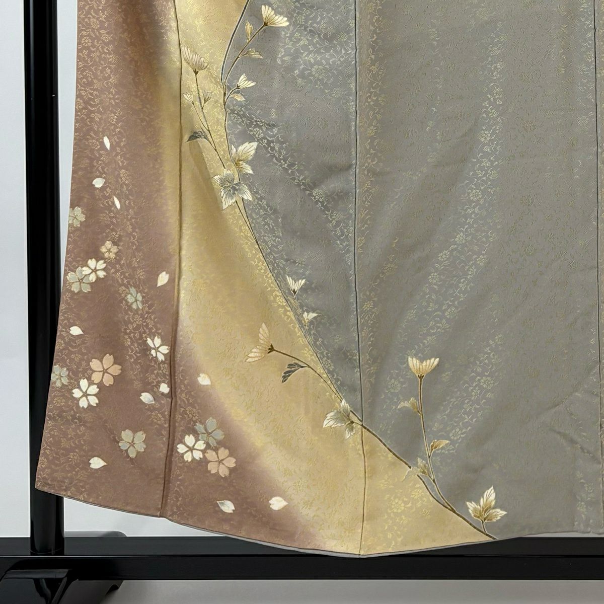 訪問服 身長155cm 袖長65cm M 雙層 お召地 大和 菊花 櫻花 金彩裝飾 染分 灰綠 純蠶絲 逸品級