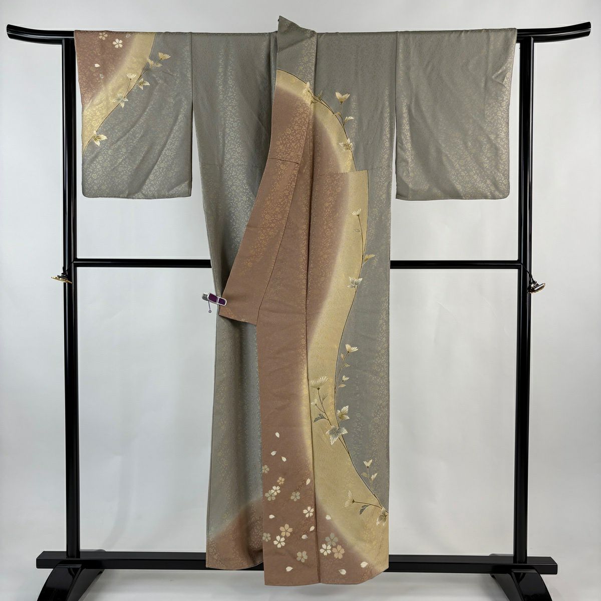 訪問服 身長155cm 袖長65cm M 雙層 お召地 大和 菊花 櫻花 金彩裝飾 染分 灰綠 純蠶絲 逸品級