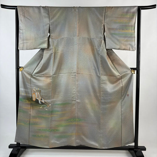 【美品】 付下 身長157.5cm 袖長65cm M 雙層 人間國寶 福田喜重 落款御所車 霞 金銀彩 漸層 灰綠 純蠶絲 逸品級 一つ紋