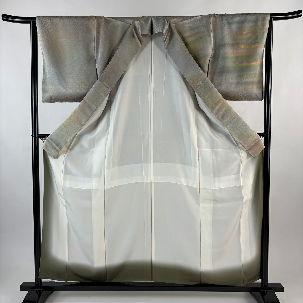 【美品】 付下 身長157.5cm 袖長65cm M 雙層 人間國寶 福田喜重 落款御所車 霞 金銀彩 漸層 灰綠 純蠶絲 逸品級 一つ紋