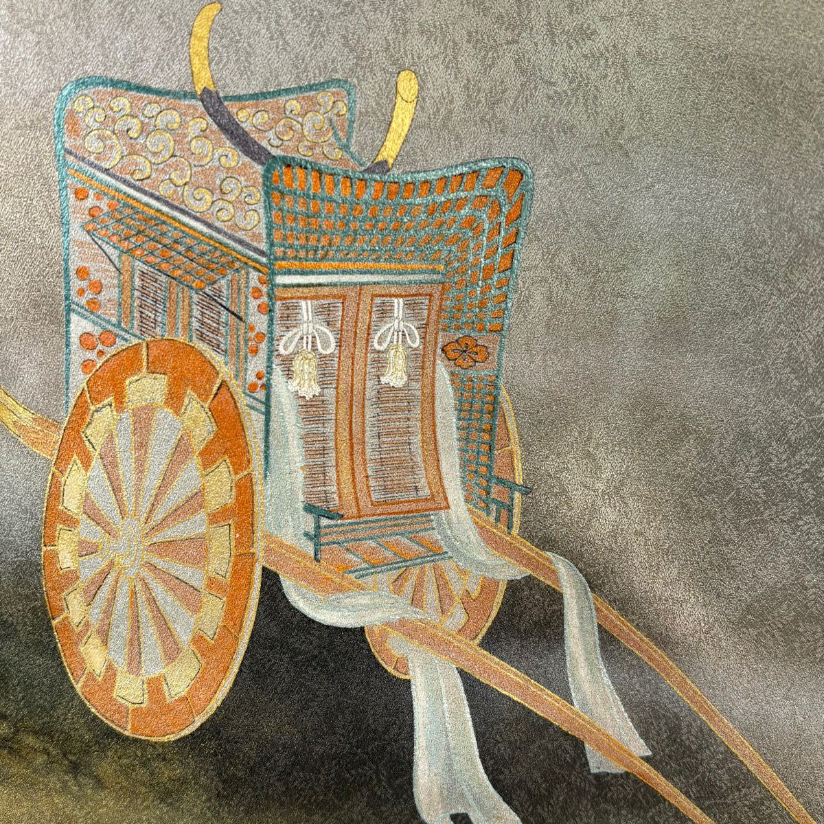 【美品】 付下 身長157.5cm 袖長65cm M 雙層 人間國寶 福田喜重 落款御所車 霞 金銀彩 漸層 灰綠 純蠶絲 逸品級 一つ紋