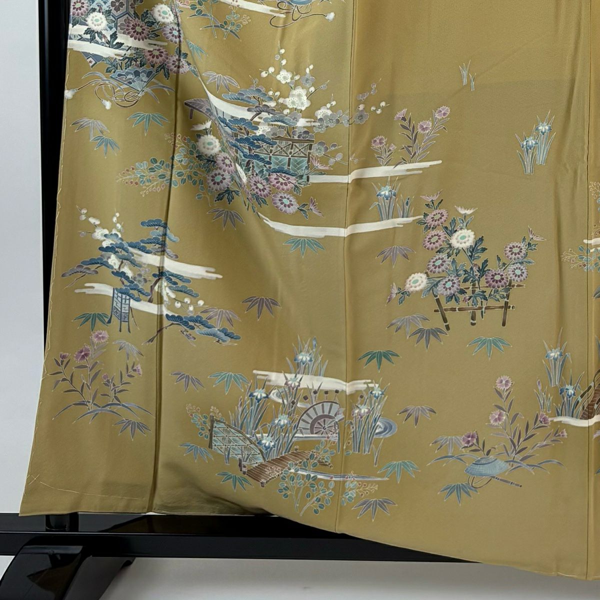 訪問服 身長160cm 袖長65cm M 雙層 寺西一紘 落款あり 松樹竹子梅花 霞 淡黃土色 純蠶絲 逸品級