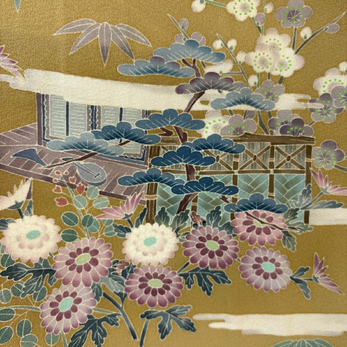 訪問服 身長160cm 袖長65cm M 雙層 寺西一紘 落款あり 松樹竹子梅花 霞 淡黃土色 純蠶絲 逸品級