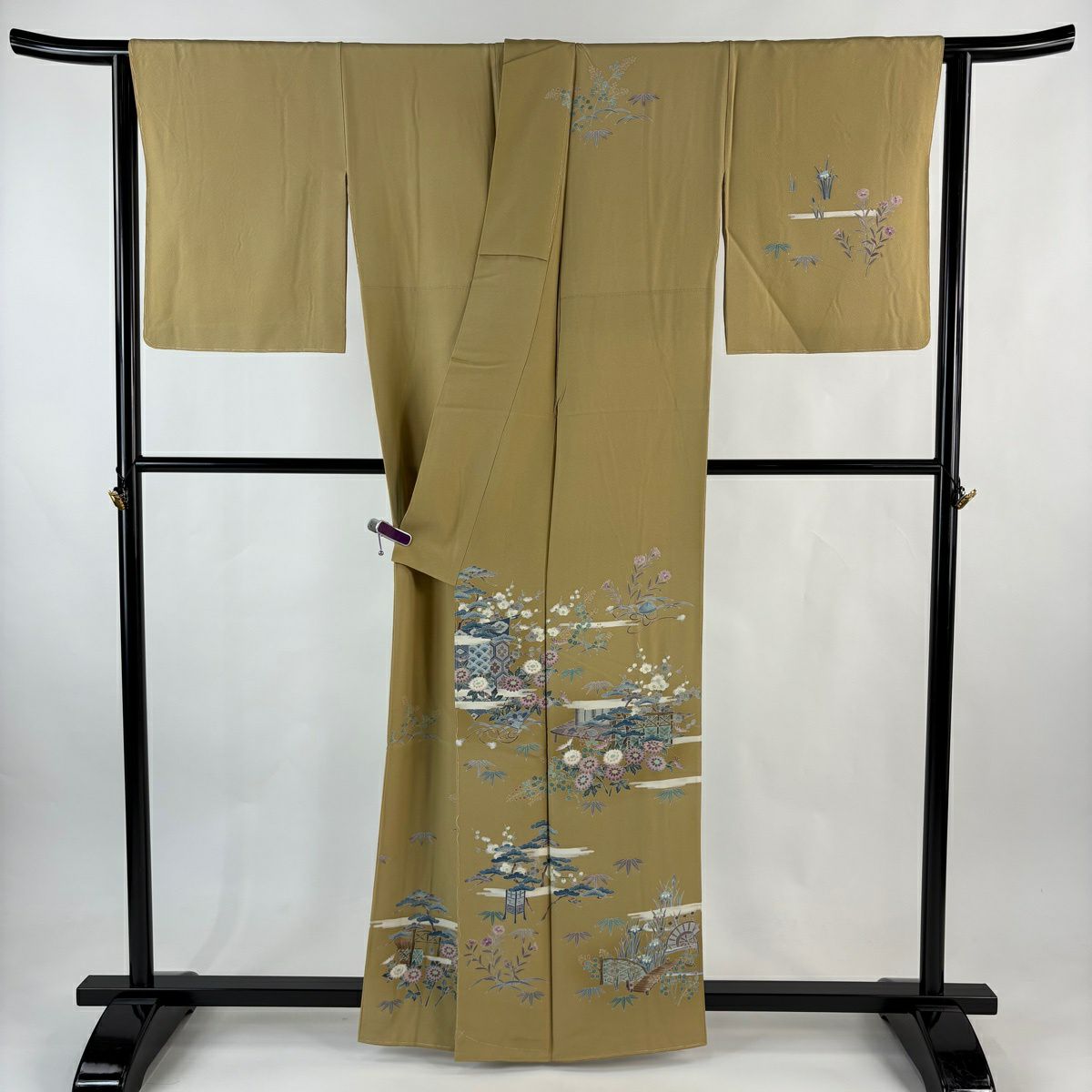 訪問服 身長160cm 袖長65cm M 雙層 寺西一紘 落款あり 松樹竹子梅花 霞 淡黃土色 純蠶絲 逸品級