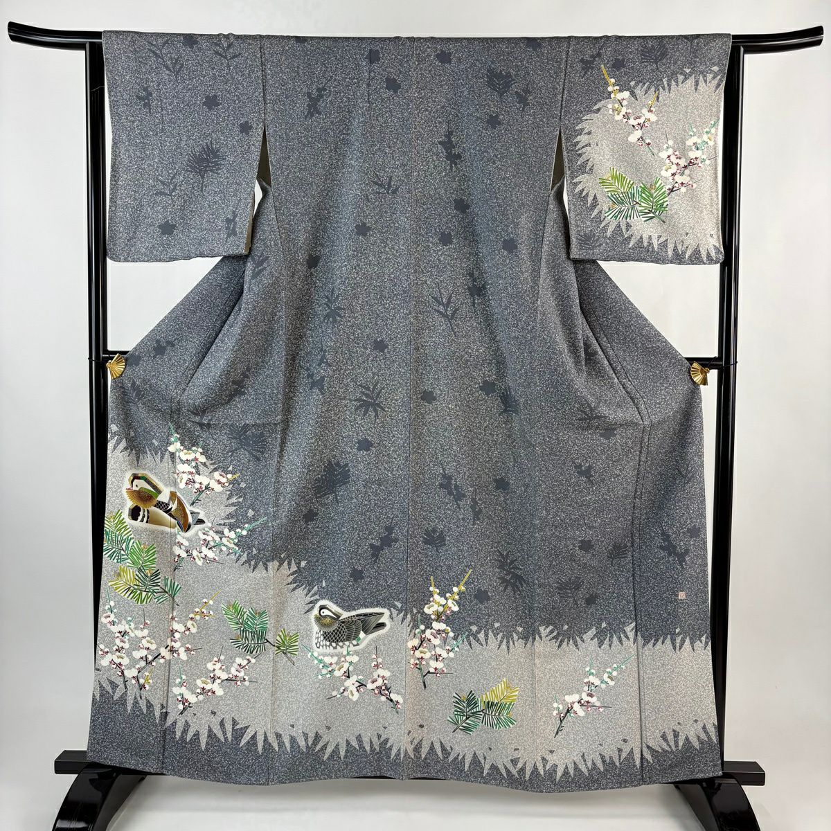 訪問服 身長161.5cm 袖長64.5cm M 雙層 TOKIO et TOKI 落款 鴛鴦 松樹竹子梅花 金銀彩 灰 純蠶絲 逸品級
