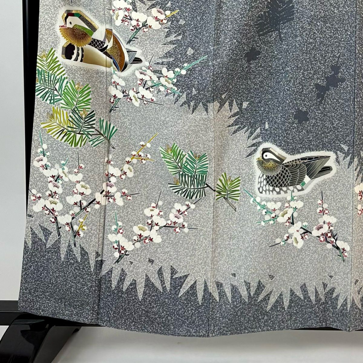 訪問服 身長161.5cm 袖長64.5cm M 雙層 TOKIO et TOKI 落款 鴛鴦 松樹竹子梅花 金銀彩 灰 純蠶絲 逸品級