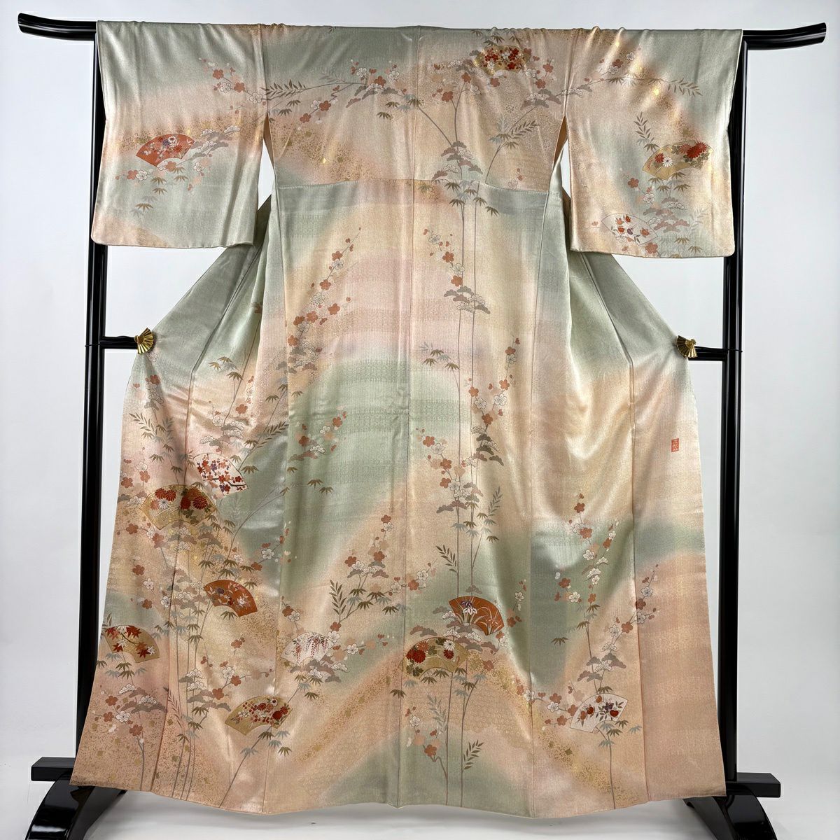 訪問服 身長163.5cm 袖長66cm M 雙層 扇子面 松樹竹子梅花 金絲 金銀彩 淺綠 純蠶絲 優品級