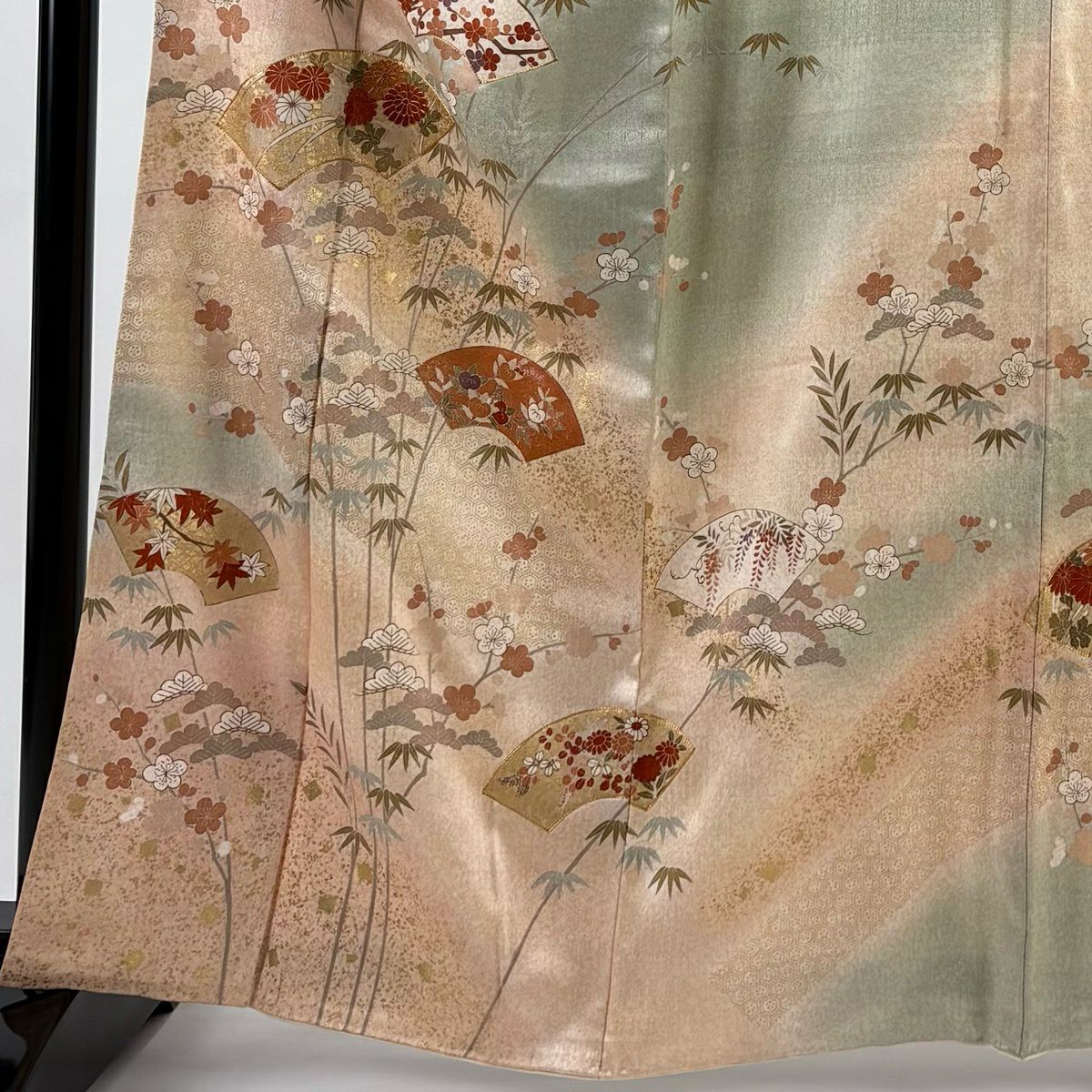 訪問服 身長163.5cm 袖長66cm M 雙層 扇子面 松樹竹子梅花 金絲 金銀彩 淺綠 純蠶絲 優品級