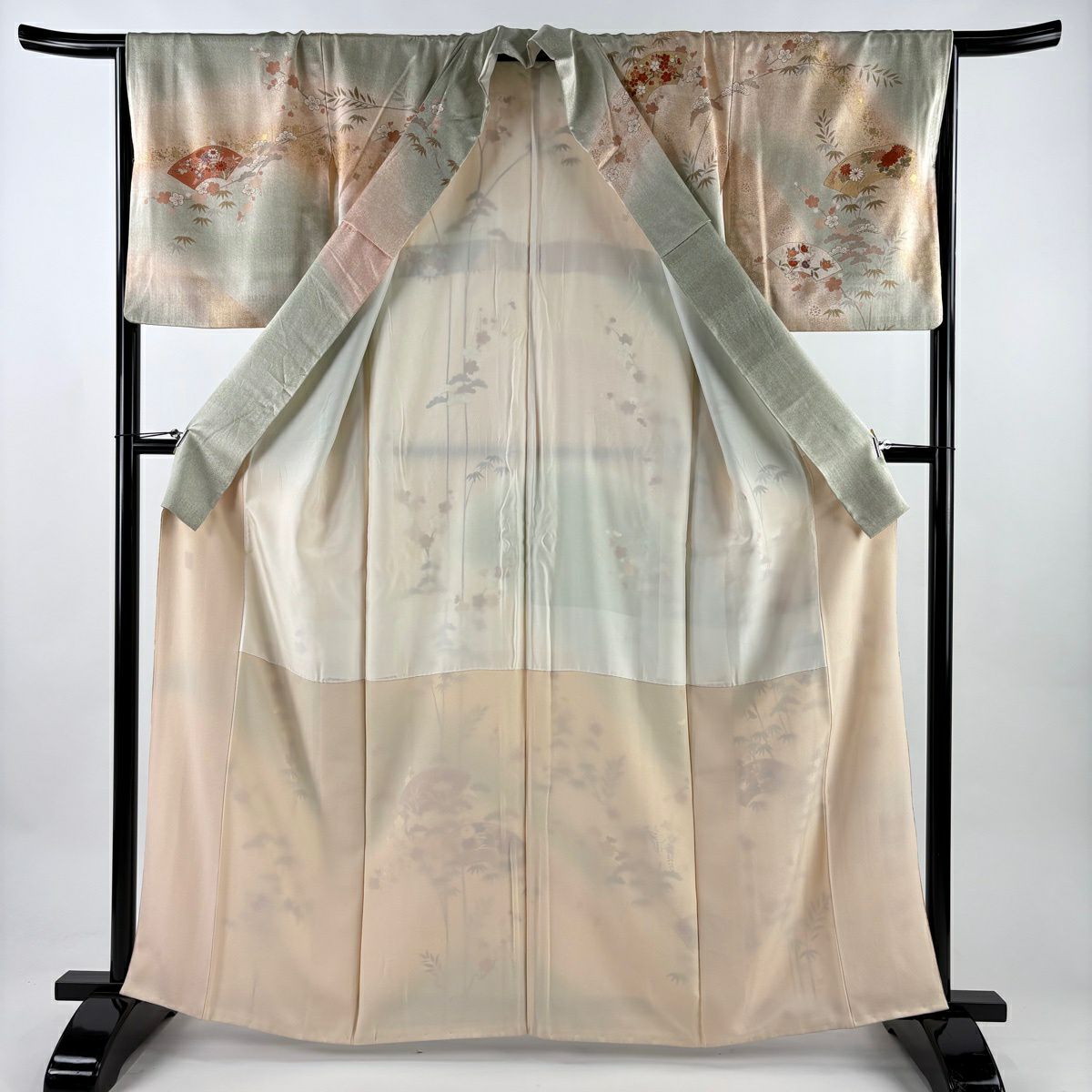 訪問服 身長163.5cm 袖長66cm M 雙層 扇子面 松樹竹子梅花 金絲 金銀彩 淺綠 純蠶絲 優品級