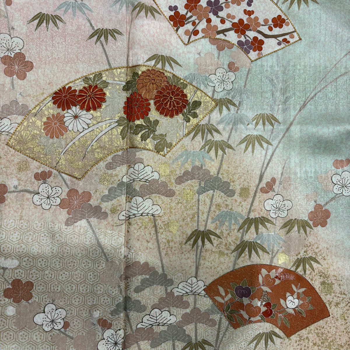 訪問服 身長163.5cm 袖長66cm M 雙層 扇子面 松樹竹子梅花 金絲 金銀彩 淺綠 純蠶絲 優品級
