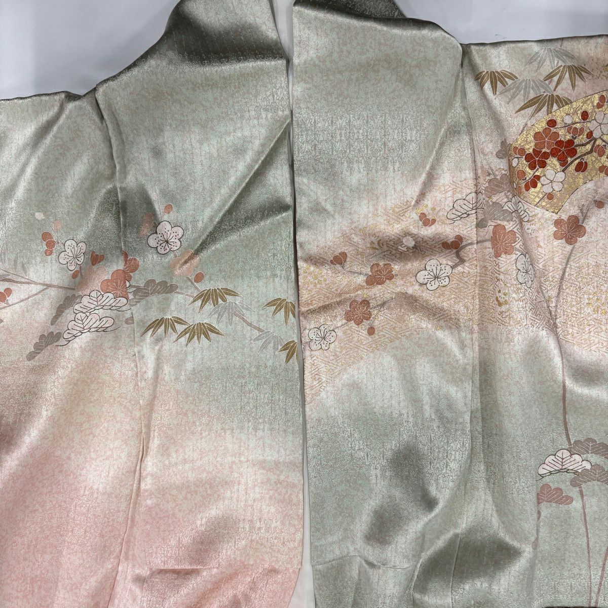 訪問服 身長163.5cm 袖長66cm M 雙層 扇子面 松樹竹子梅花 金絲 金銀彩 淺綠 純蠶絲 優品級