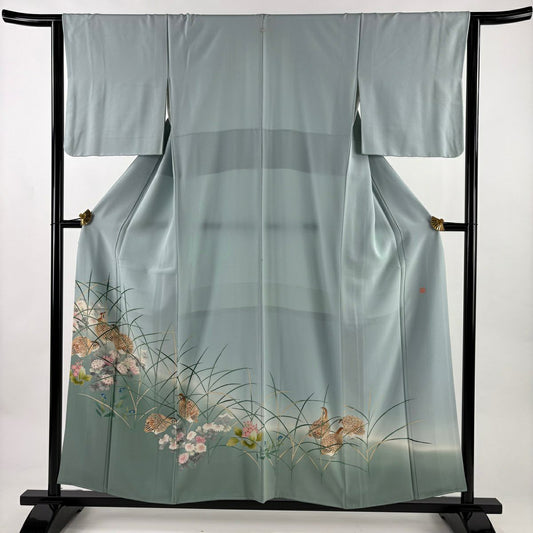 色留袖禮服 身長155cm 袖長63cm S 雙層 落款あり 鶉 草花紋紋 染分 ぼかし 水藍 純蠶絲 秀品級 一つ紋