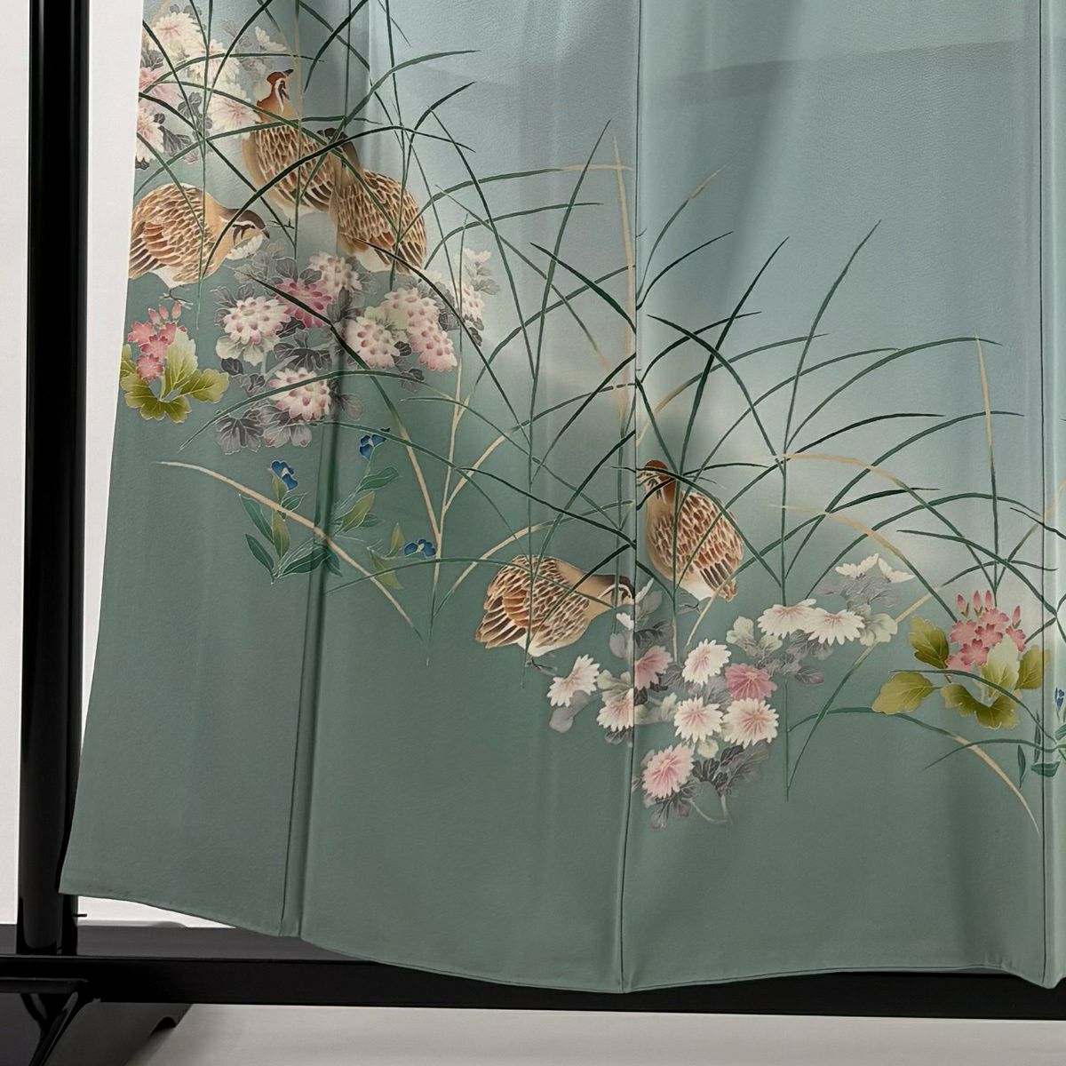色留袖禮服 身長155cm 袖長63cm S 雙層 落款あり 鶉 草花紋紋 染分 ぼかし 水藍 純蠶絲 秀品級 一つ紋