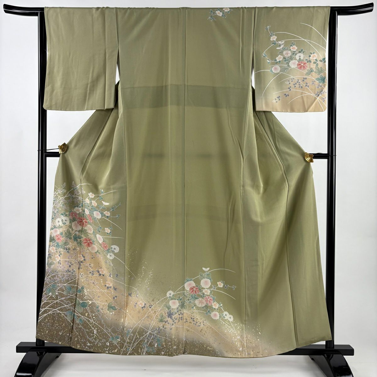 訪問服 身長158cm 袖長63.5cm S 雙層 菊花 椿 金銀彩 漸層 灰綠 純蠶絲 秀品級