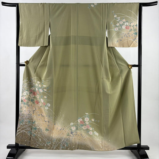 訪問服 身長158cm 袖長63.5cm S 雙層 菊花 椿 金銀彩 漸層 灰綠 純蠶絲 秀品級