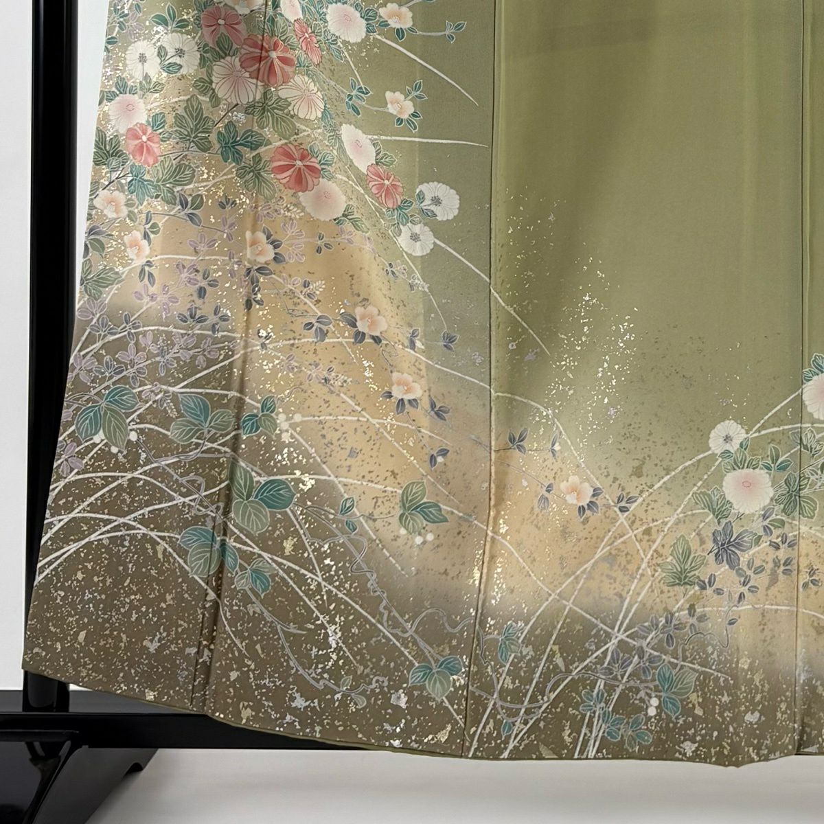 訪問服 身長158cm 袖長63.5cm S 雙層 菊花 椿 金銀彩 漸層 灰綠 純蠶絲 秀品級