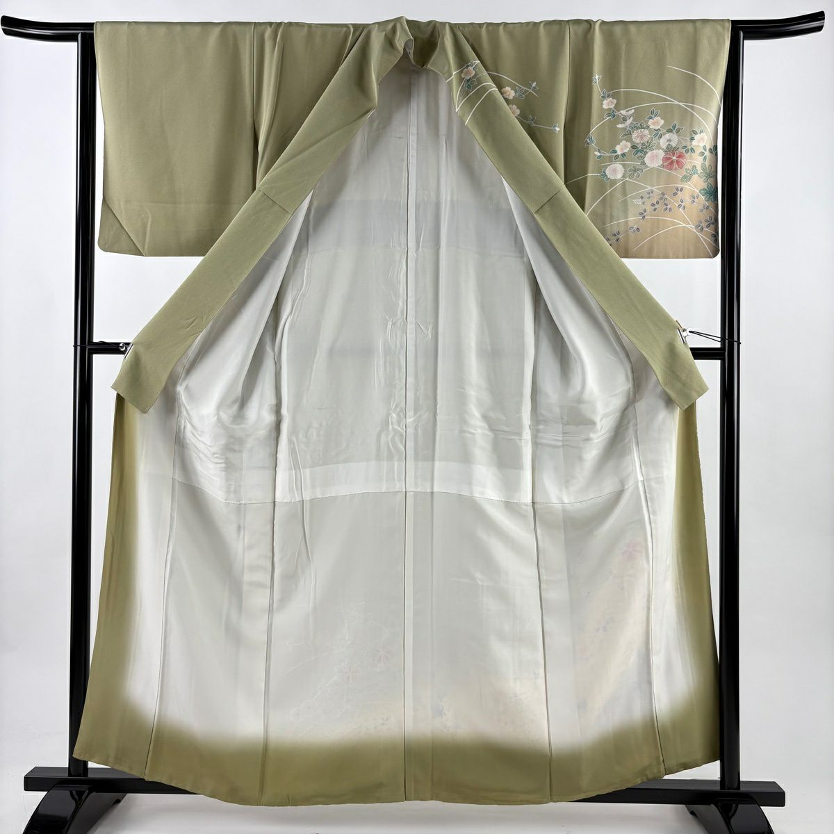 訪問服 身長158cm 袖長63.5cm S 雙層 菊花 椿 金銀彩 漸層 灰綠 純蠶絲 秀品級