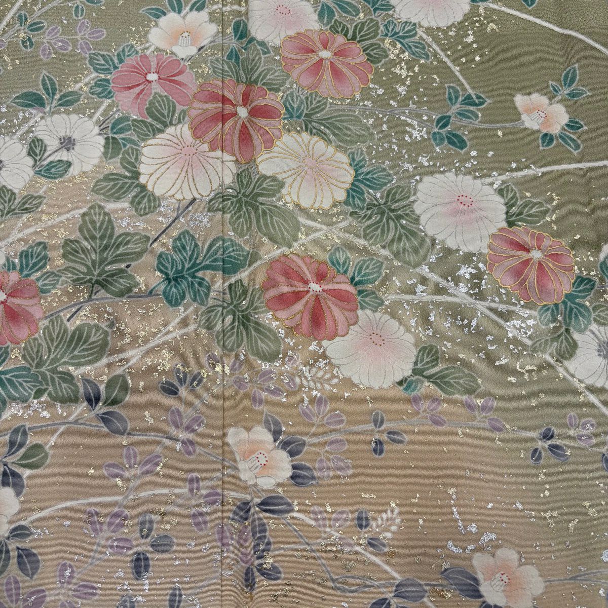 訪問服 身長158cm 袖長63.5cm S 雙層 菊花 椿 金銀彩 漸層 灰綠 純蠶絲 秀品級