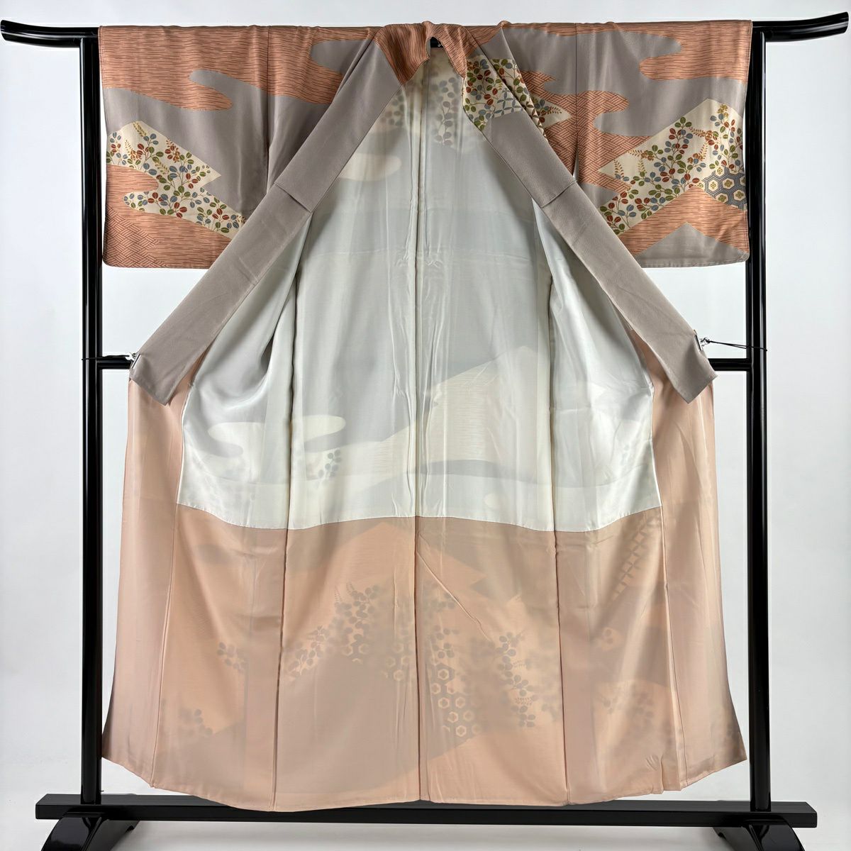 訪問服 身長156cm 袖長63cm S 雙層 花井幸子 落款あり 萩 七寶 金銀彩 薄小豆 純蠶絲 秀品級