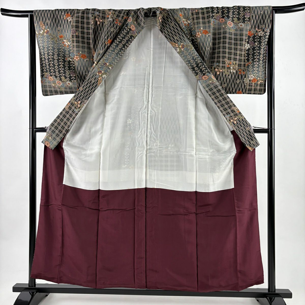 小紋 身長156.5cm 袖長64.5cm M 雙層 枝梅花 立涌 金銀彩 漸層 灰 純蠶絲 秀品級