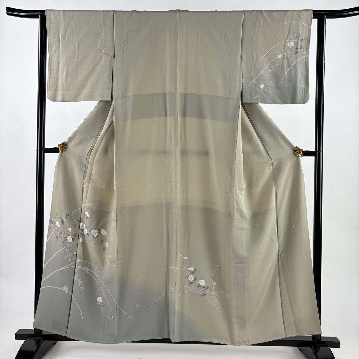 付下 身長157cm 袖長62cm S 雙層 落款有 枝花 漸層 灰茶 純蠶絲 優品級