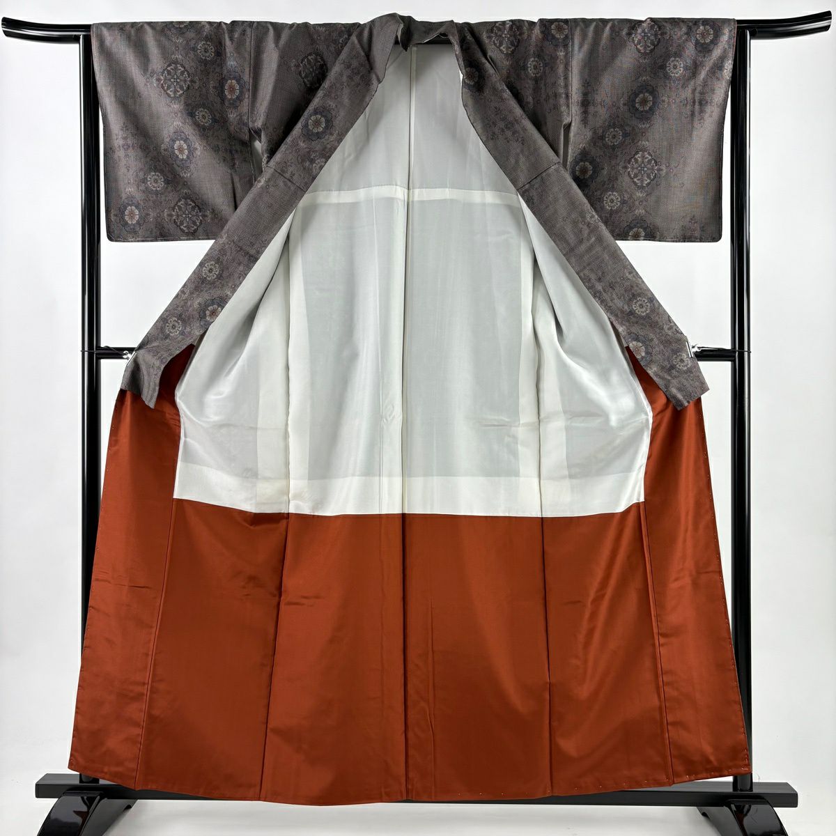【美品】 紬織織 身長158cm 袖長64.5cm M 雙層 華紋 茶紫 純蠶絲 秀品級