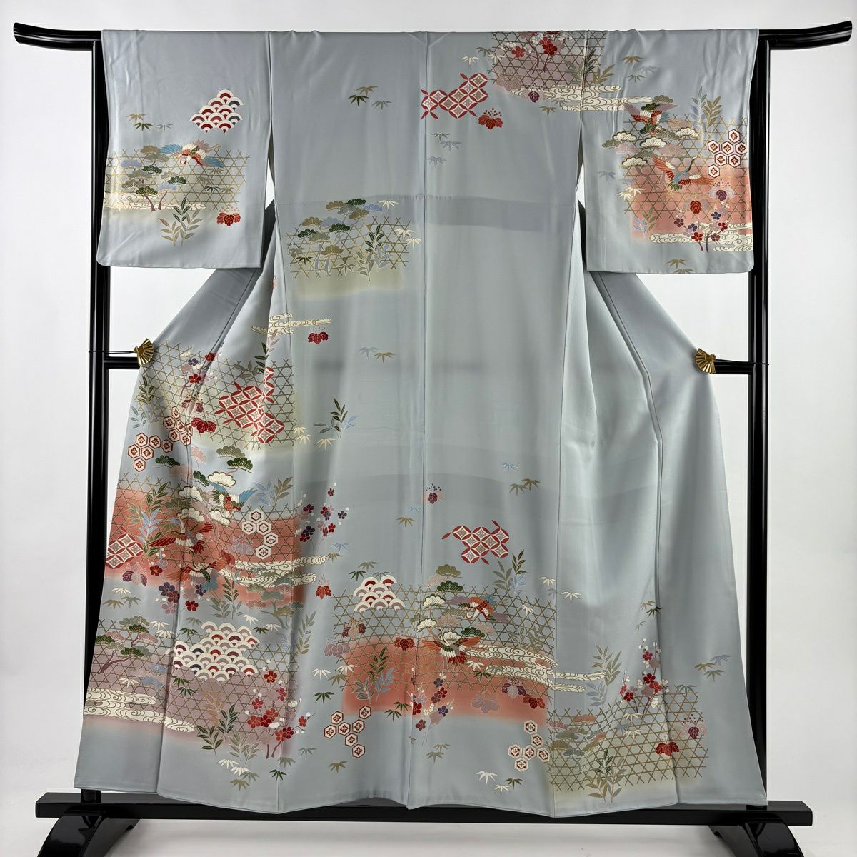 訪問服 身長155.5cm 袖長64cm M 雙層 松樹竹子梅花 仙鶴 金銀彩 漸層 水藍 純蠶絲 優品級