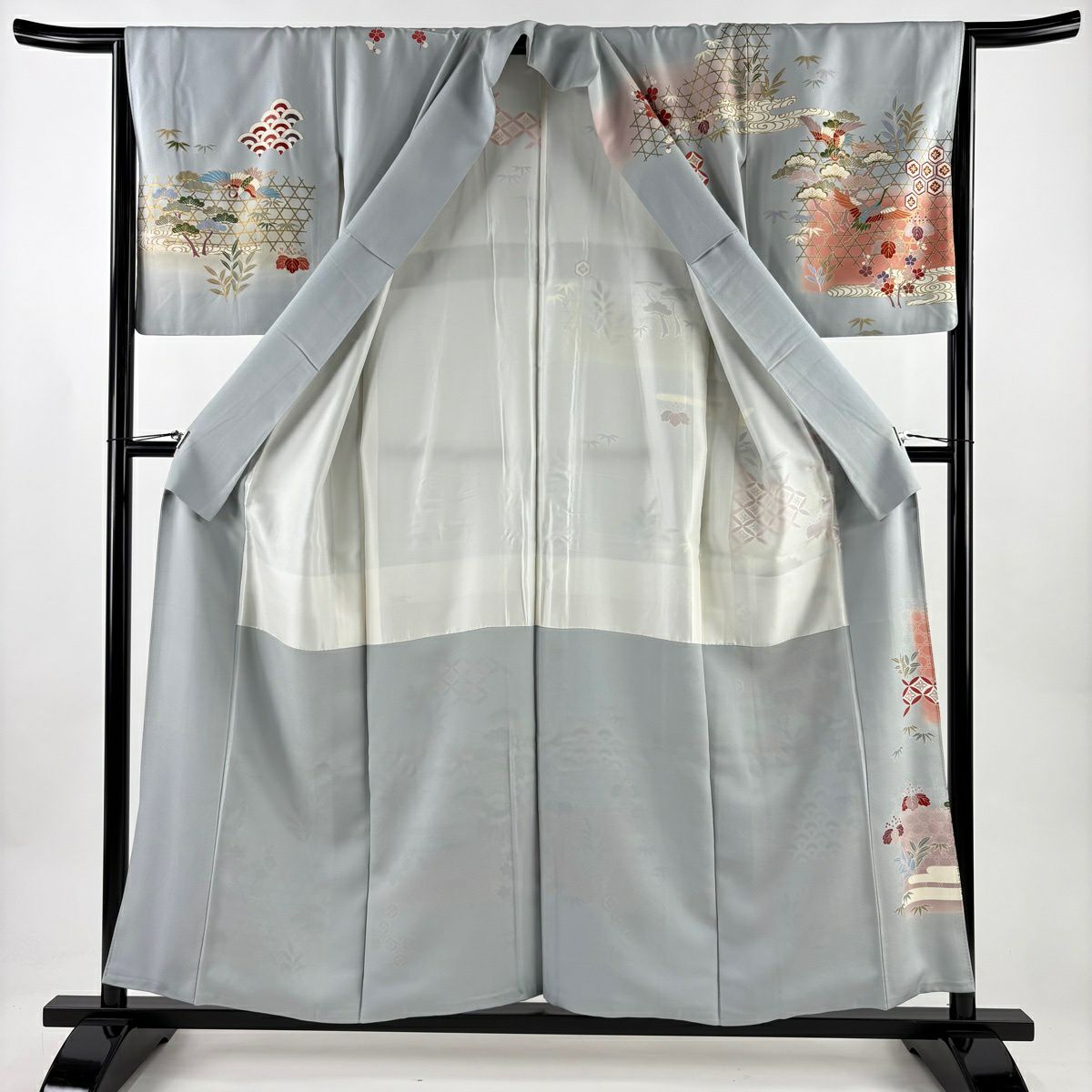 訪問服 身長155.5cm 袖長64cm M 雙層 松樹竹子梅花 仙鶴 金銀彩 漸層 水藍 純蠶絲 優品級