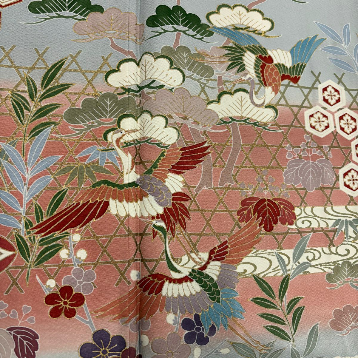 訪問服 身長155.5cm 袖長64cm M 雙層 松樹竹子梅花 仙鶴 金銀彩 漸層 水藍 純蠶絲 優品級