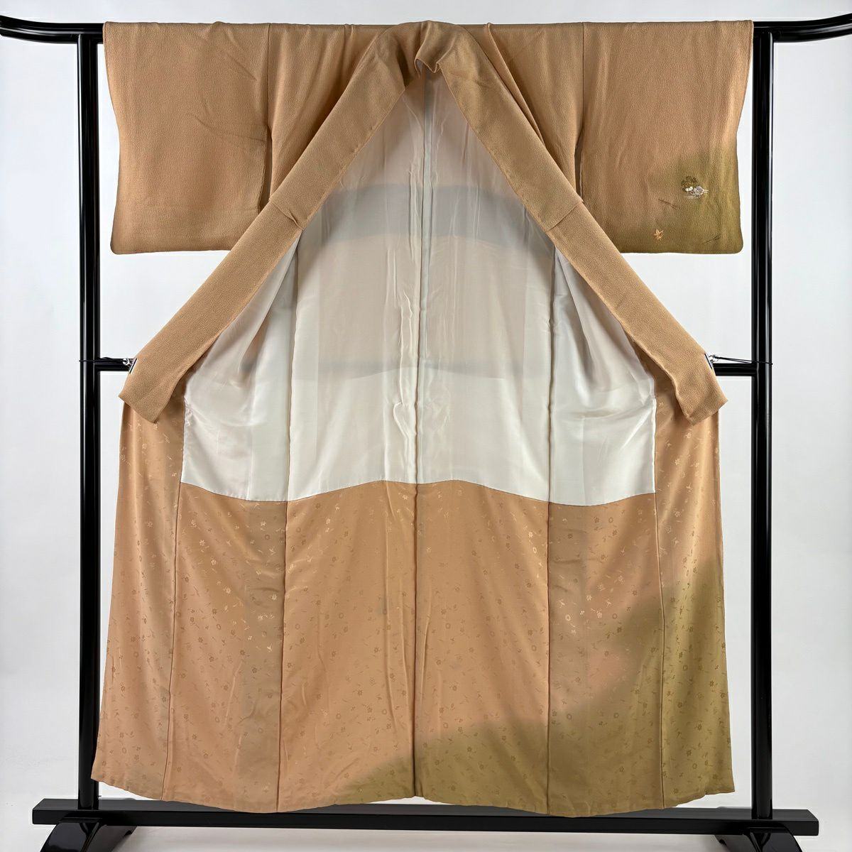 付下 身長154cm 袖長61.5cm S 雙層 雪輪 松樹梅花 刺繡 金彩裝飾 淺橙色 純蠶絲 優品級
