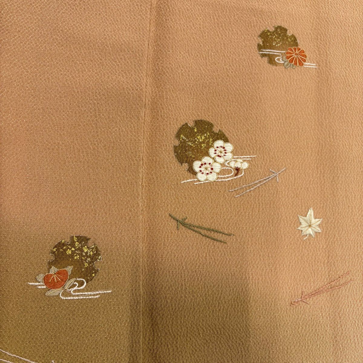 付下 身長154cm 袖長61.5cm S 雙層 雪輪 松樹梅花 刺繡 金彩裝飾 淺橙色 純蠶絲 優品級
