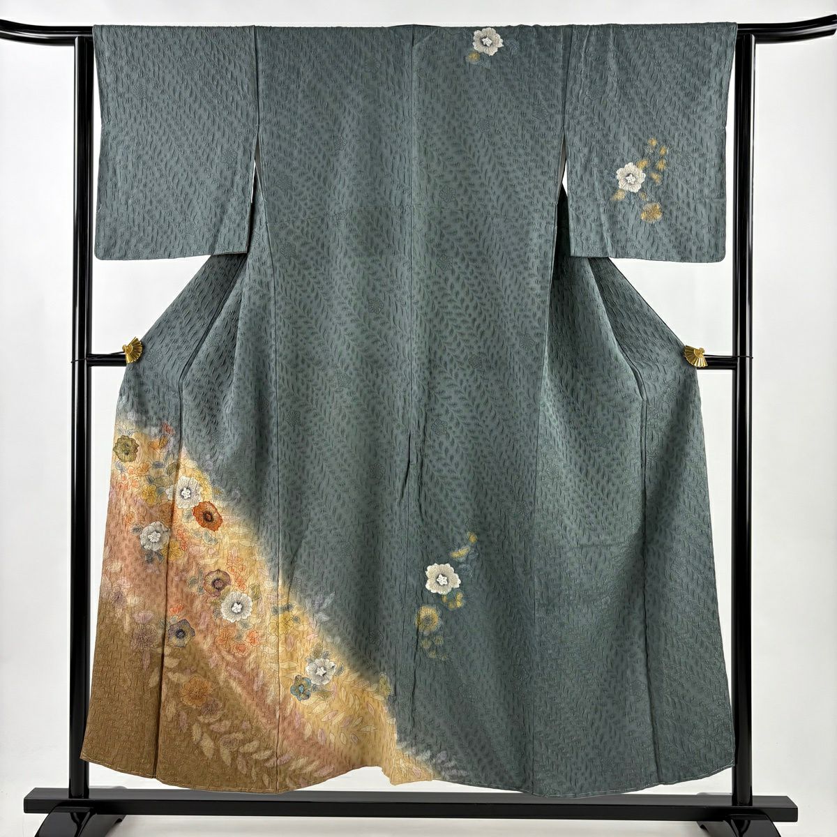 付下 身長153cm 袖長64cm M 雙層 辻花染圖案 地紋 金銀彩 漸層 灰綠 純蠶絲 優品級