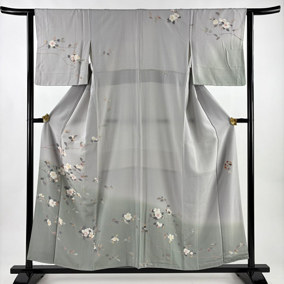 訪問服 身長154.5cm 袖長62.5cm S 雙層 落款有 枝花 染分 ぼかし 灰紫 純蠶絲 優品級