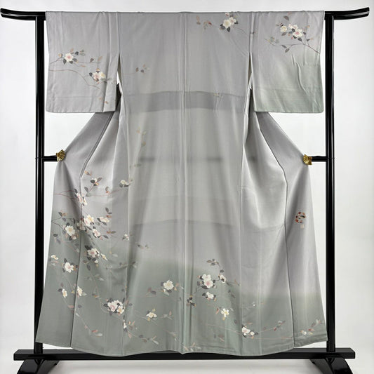 訪問服 身長154.5cm 袖長62.5cm S 雙層 落款有 枝花 染分 ぼかし 灰紫 純蠶絲 優品級