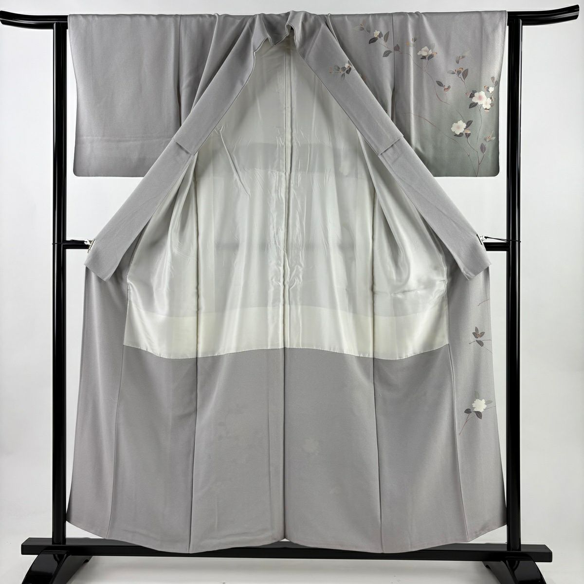 訪問服 身長154.5cm 袖長62.5cm S 雙層 落款有 枝花 染分 ぼかし 灰紫 純蠶絲 優品級