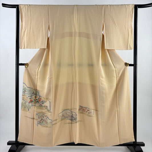 色留袖禮服 身長156cm 袖長63cm S 雙層 大和 屏風 草花紋 金絲 淺黃 純蠶絲 優品級