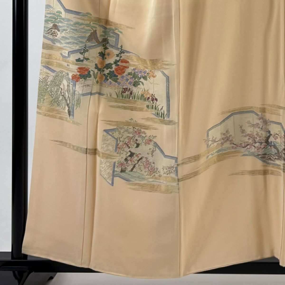 色留袖禮服 身長156cm 袖長63cm S 雙層 大和 屏風 草花紋 金絲 淺黃 純蠶絲 優品級