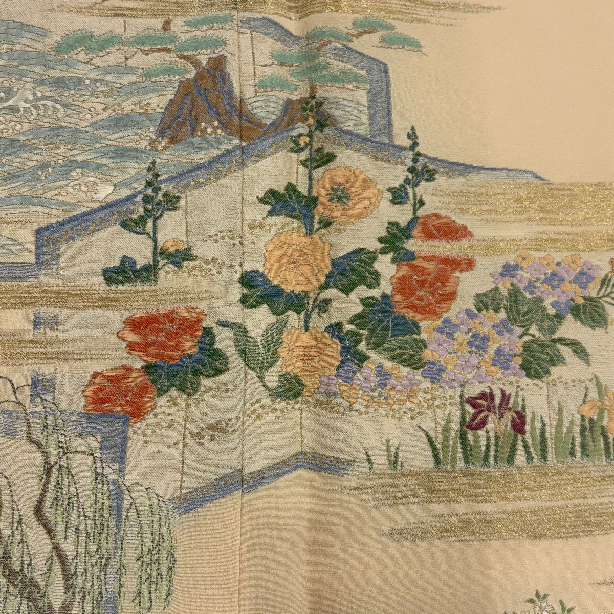 色留袖禮服 身長156cm 袖長63cm S 雙層 大和 屏風 草花紋 金絲 淺黃 純蠶絲 優品級