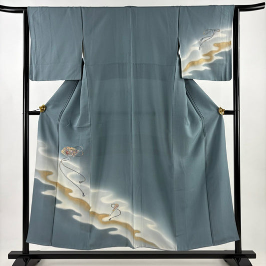 付下 身長152.5cm 袖長64cm M 雙層 扇子 菊花 刺繡 金彩裝飾 青灰 純蠶絲 秀品級