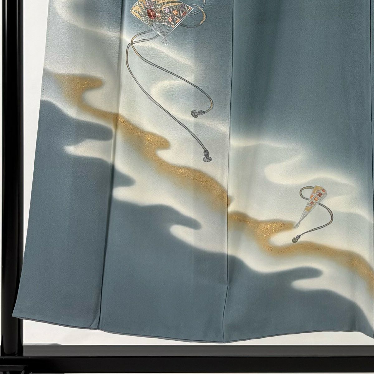 付下 身長152.5cm 袖長64cm M 雙層 扇子 菊花 刺繡 金彩裝飾 青灰 純蠶絲 秀品級