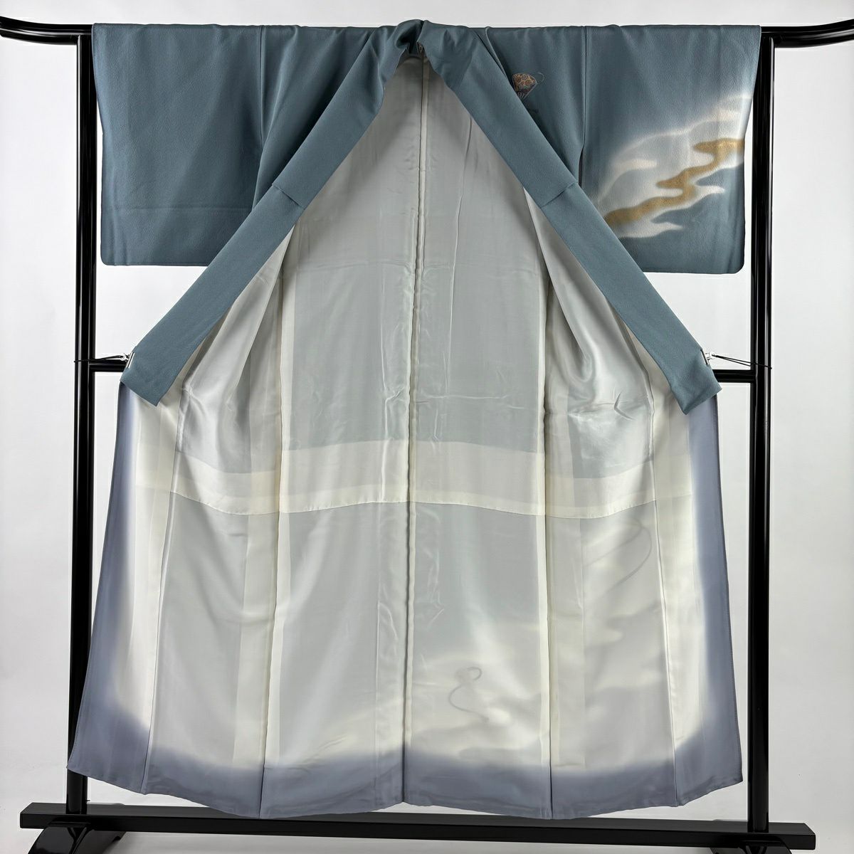 付下 身長152.5cm 袖長64cm M 雙層 扇子 菊花 刺繡 金彩裝飾 青灰 純蠶絲 秀品級