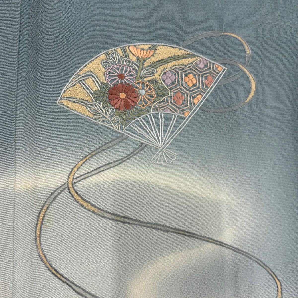 付下 身長152.5cm 袖長64cm M 雙層 扇子 菊花 刺繡 金彩裝飾 青灰 純蠶絲 秀品級