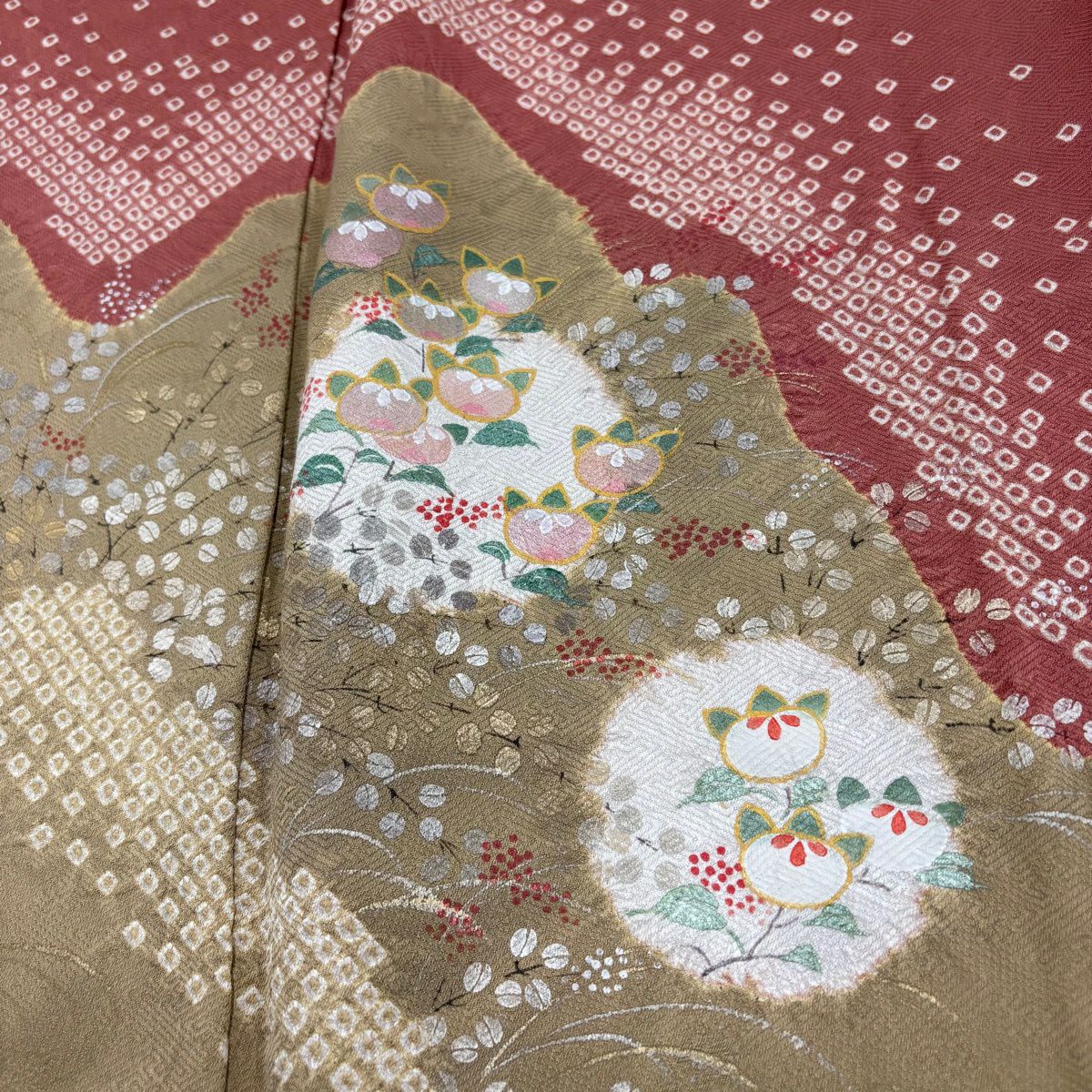訪問服 身長160.5cm 袖長64.5cm M 雙層 山並 橘 絞染 金銀彩 小豆 純蠶絲 秀品級