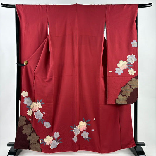 振袖禮服 身長165cm 袖長67cm M 雙層 櫻花花瓣 金絲 金銀彩 紅 純蠶絲 優品級