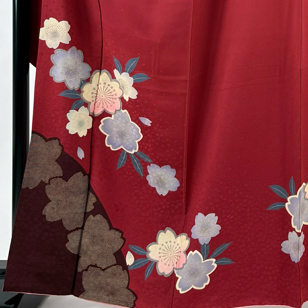 振袖禮服 身長165cm 袖長67cm M 雙層 櫻花花瓣 金絲 金銀彩 紅 純蠶絲 優品級