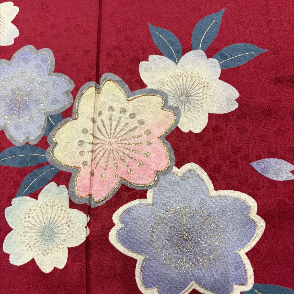 振袖禮服 身長165cm 袖長67cm M 雙層 櫻花花瓣 金絲 金銀彩 紅 純蠶絲 優品級