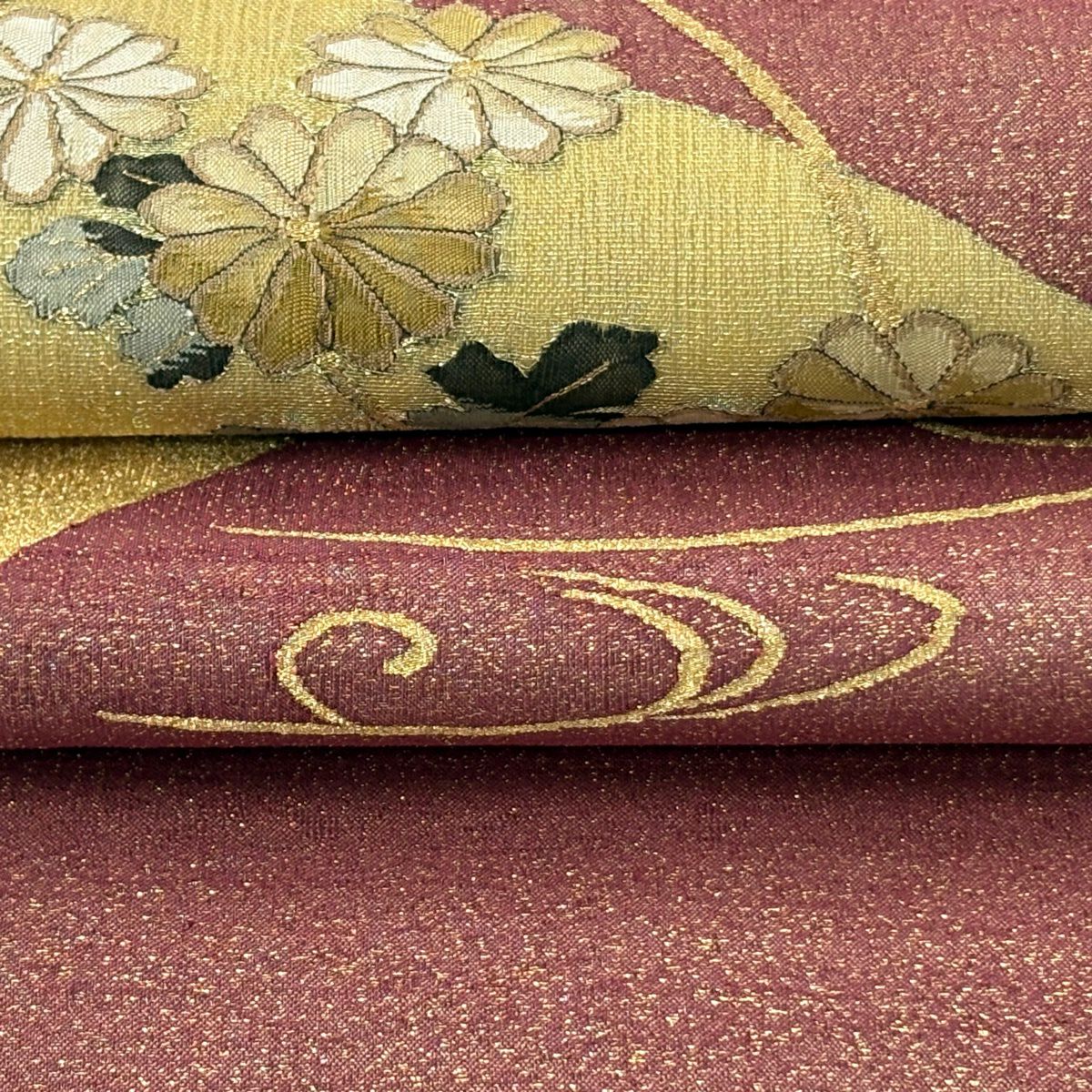 袋帶 逸品級 草花紋紋 流水 金絲 綴織 紅茶 お太鼓圖案 純蠶絲