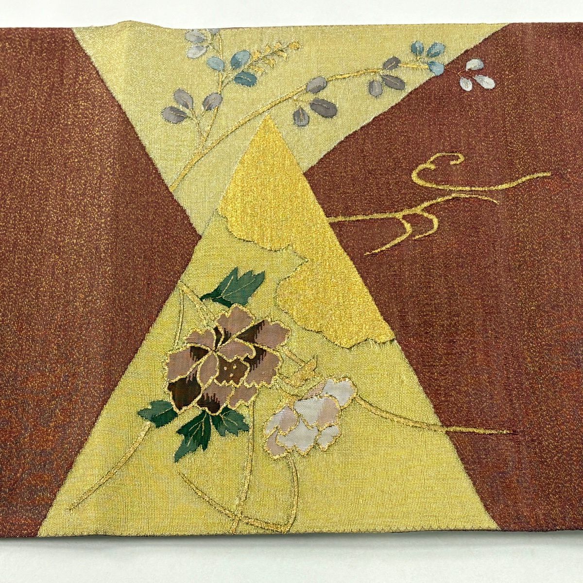 袋帶 逸品級 草花紋紋 流水 金絲 綴織 紅茶 お太鼓圖案 純蠶絲