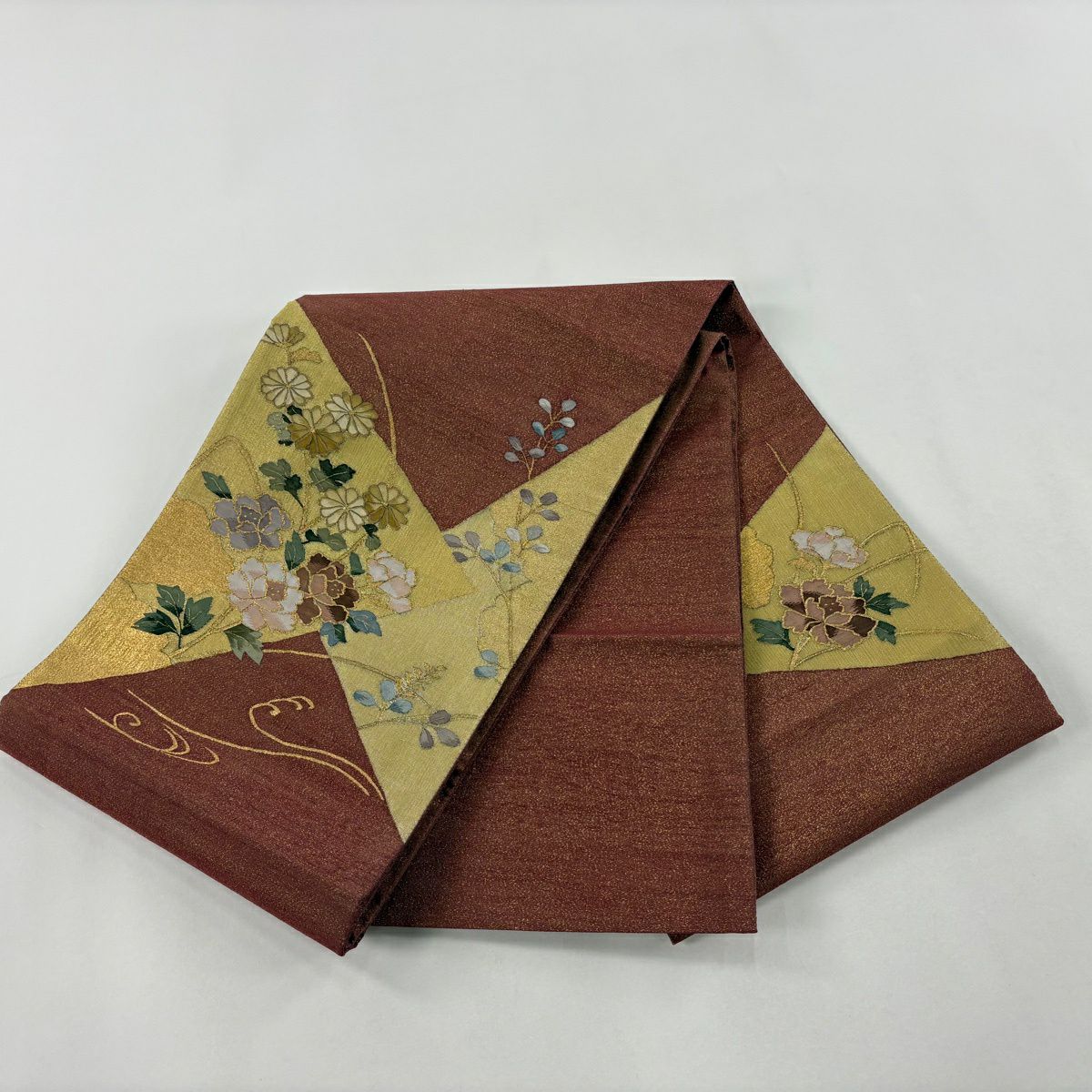 袋帶 逸品級 草花紋紋 流水 金絲 綴織 紅茶 お太鼓圖案 純蠶絲